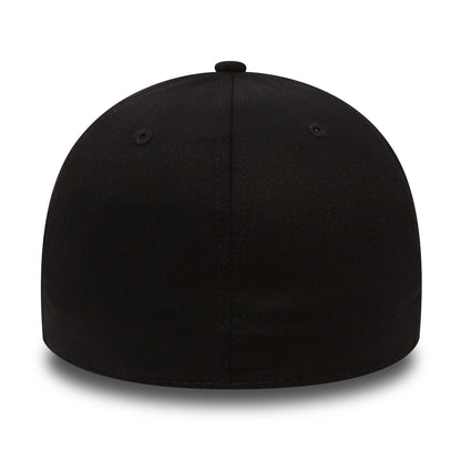 LA Dodgers Essential Black On Black New Era 39THIRTY Cap, rear view showing the seamless black back panels and matching top button, complemented by subtly integrated eyelets for ventilation.