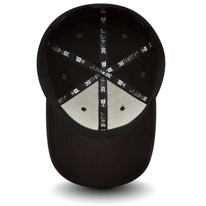 LA Dodgers Essential Black On Black New Era 39THIRTY Cap, inside view showing black and white taping with 39THIRTY branding, black sweatband, and the dark undervisor beneath the structured crown.