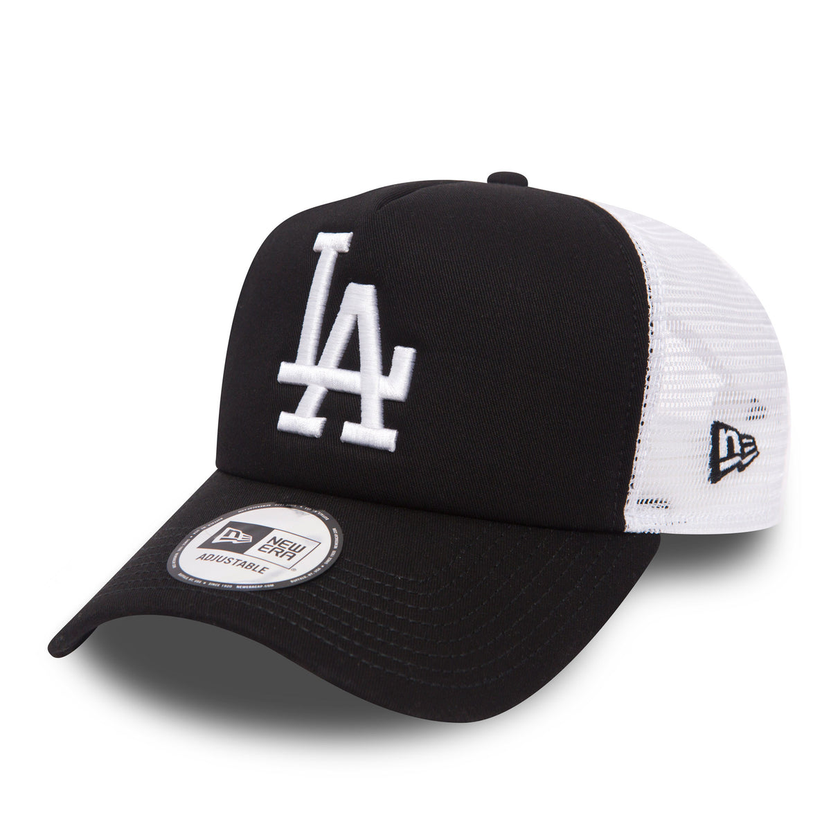 LA Dodgers Clean Black New Era A-Frame Trucker Cap, three-quarter view showing a white raised embroidered LA logo on the front panel, with a curved black visor, 9FORTY size sticker, and white mesh back panels featuring a New Era flag logo.