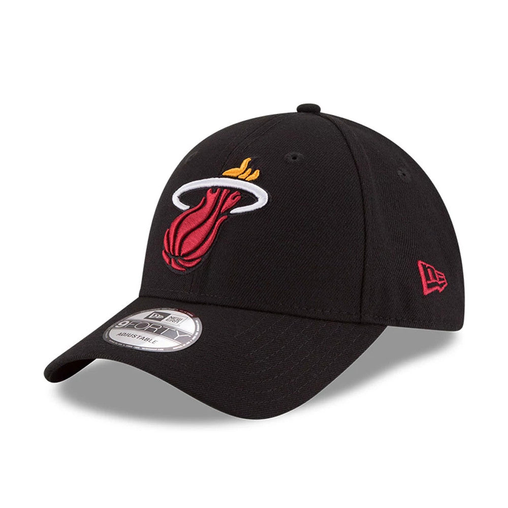 Miami Heat The League Black New Era 9FORTY Cap, three-quarter view showing the red and yellow team logo in raised embroidery on the front panel, with a curved black visor and 9FORTY size sticker, plus the New Era flag logo on the left side.