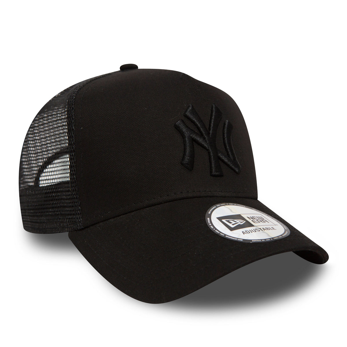 New York Yankees Clean Black On Black A-Frame Trucker Cap, three-quarter view showing the raised black embroidered NY logo on the front panel, with a mesh rear and a New Era adjustable sticker on the curved visor.