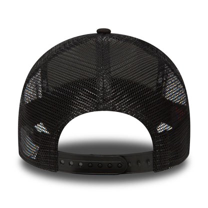 New York Yankees Clean Black On Black A-Frame Trucker Cap, rear view showing the black mesh panels and adjustable snap closure, with a subtle black top button completing the structured shape.