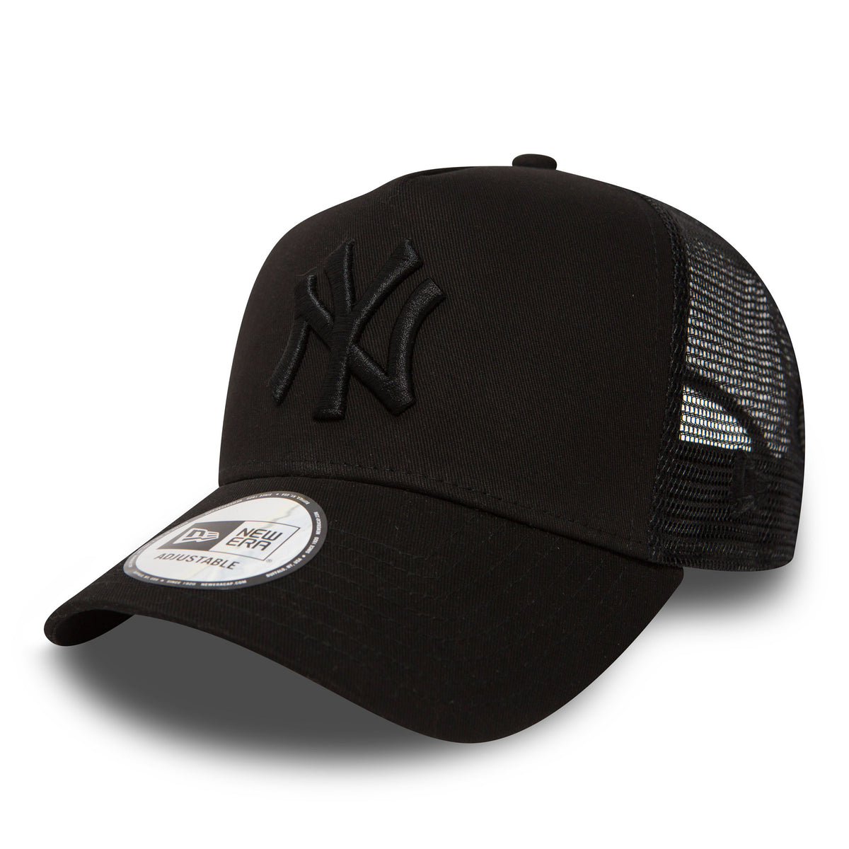 New York Yankees Clean Black On Black A-Frame Trucker Cap, three-quarter view showing the raised black embroidered NY logo on the front panel, curved black visor with a New Era adjustable size sticker, and mesh back panels.