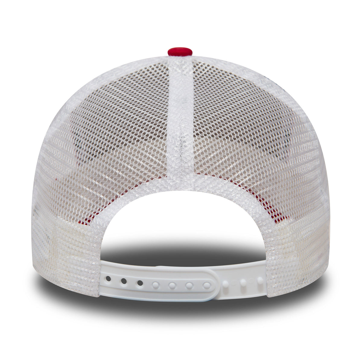 New York Yankees Clean Red A-Frame Trucker Cap, rear view showing the mesh back panels and adjustable white plastic snap closure beneath the red top button on the structured crown.