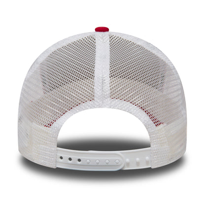 New York Yankees Clean Red A-Frame Trucker Cap, rear view showing the mesh back panels and adjustable white plastic snap closure beneath the red top button on the structured crown.