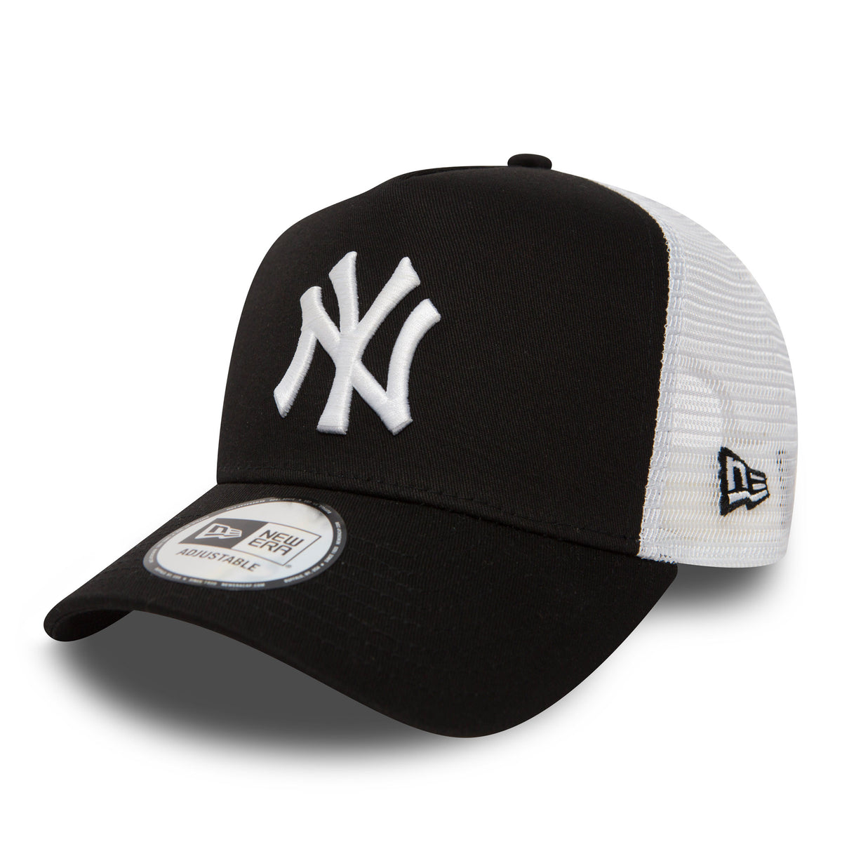 New York Yankees Clean Black A-Frame Trucker Cap, three-quarter view with raised white NY logo on the front panel, black curved visor with a New Era 9FORTY size sticker, and white mesh rear panels featuring the New Era flag logo.