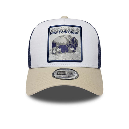 Pictured is this New Era New York State Bison 9FORTY A-Frame Trucker Adjustable cap in white. 2