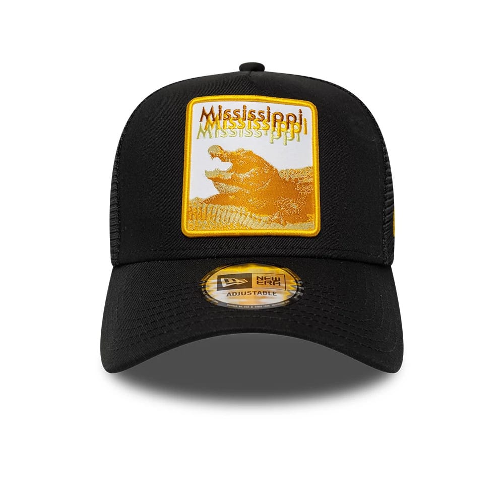Pictured is this New Era Mississippi Gator 9FORTY A-Frame Trucker Adjustable cap in black. 2