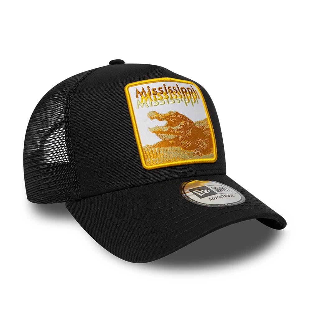 Pictured is this New Era Mississippi Gator 9FORTY A-Frame Trucker Adjustable cap in black. 3