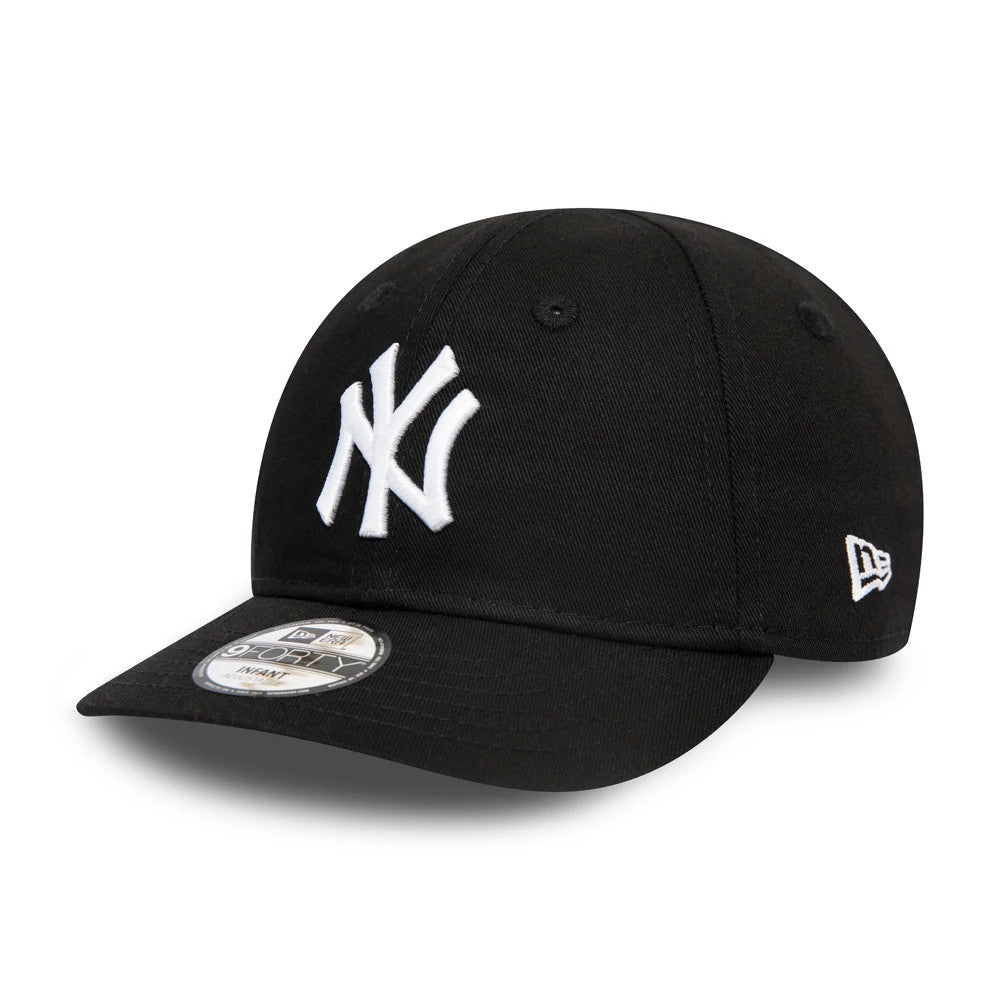 New York Yankees Essential Infant Black New Era 9FORTY Cap, three-quarter view showing raised white NY logo embroidered on the front panel, black curved visor with a 9FORTY size sticker, and New Era flag logo on the left side.