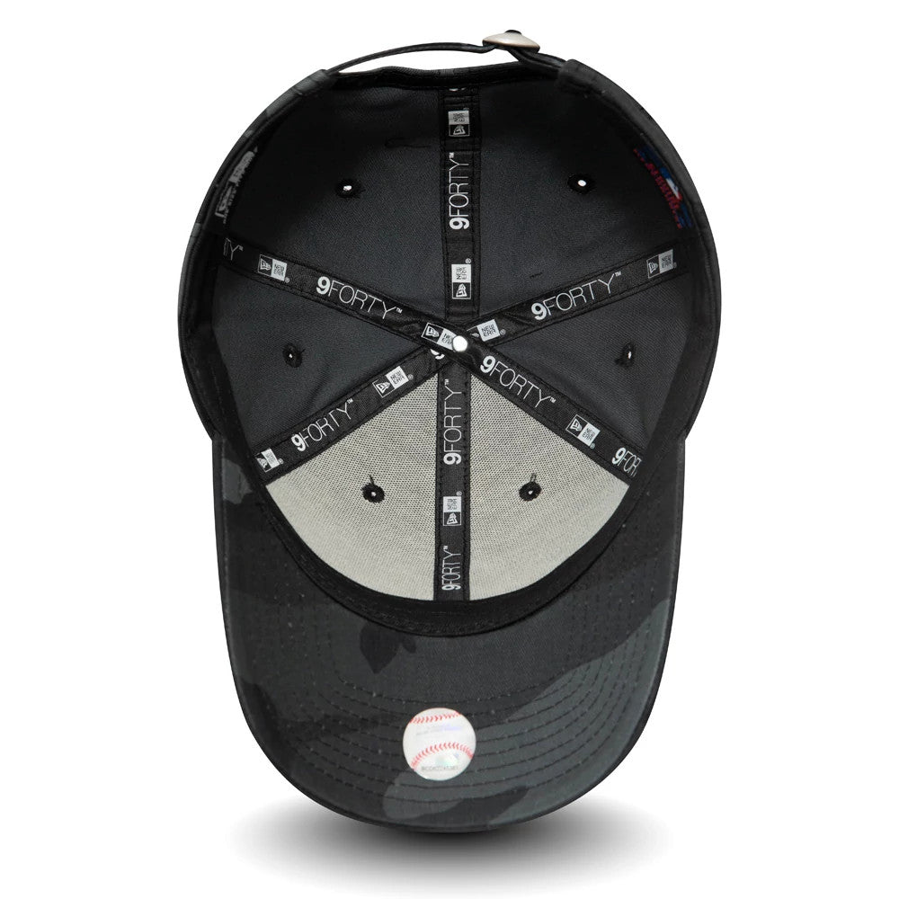 New York Yankees Essential Camo New Era 9FORTY Cap, inside view showing black 9FORTY taping along the seams, a grey undervisor, black eyelets and a white baseball graphic sticker on the camouflage pattern visor.