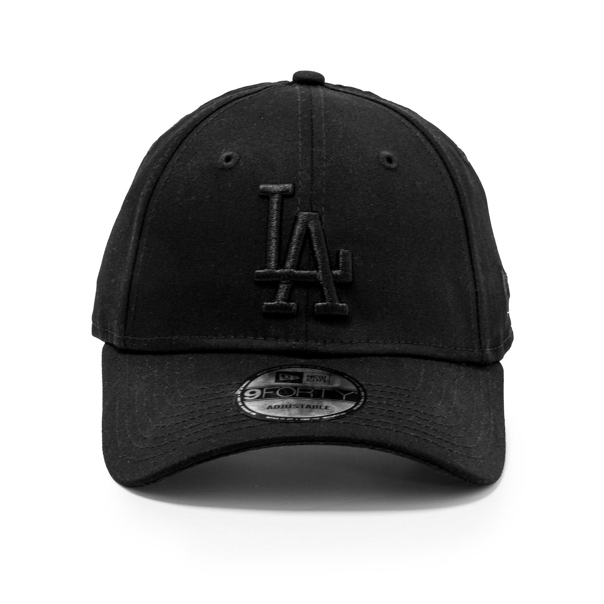 LA Dodgers Essential Black on Black New Era 9FORTY Cap, front view showing the raised black LA logo embroidered on the front panel, with a 9FORTY size sticker on the curved black visor.