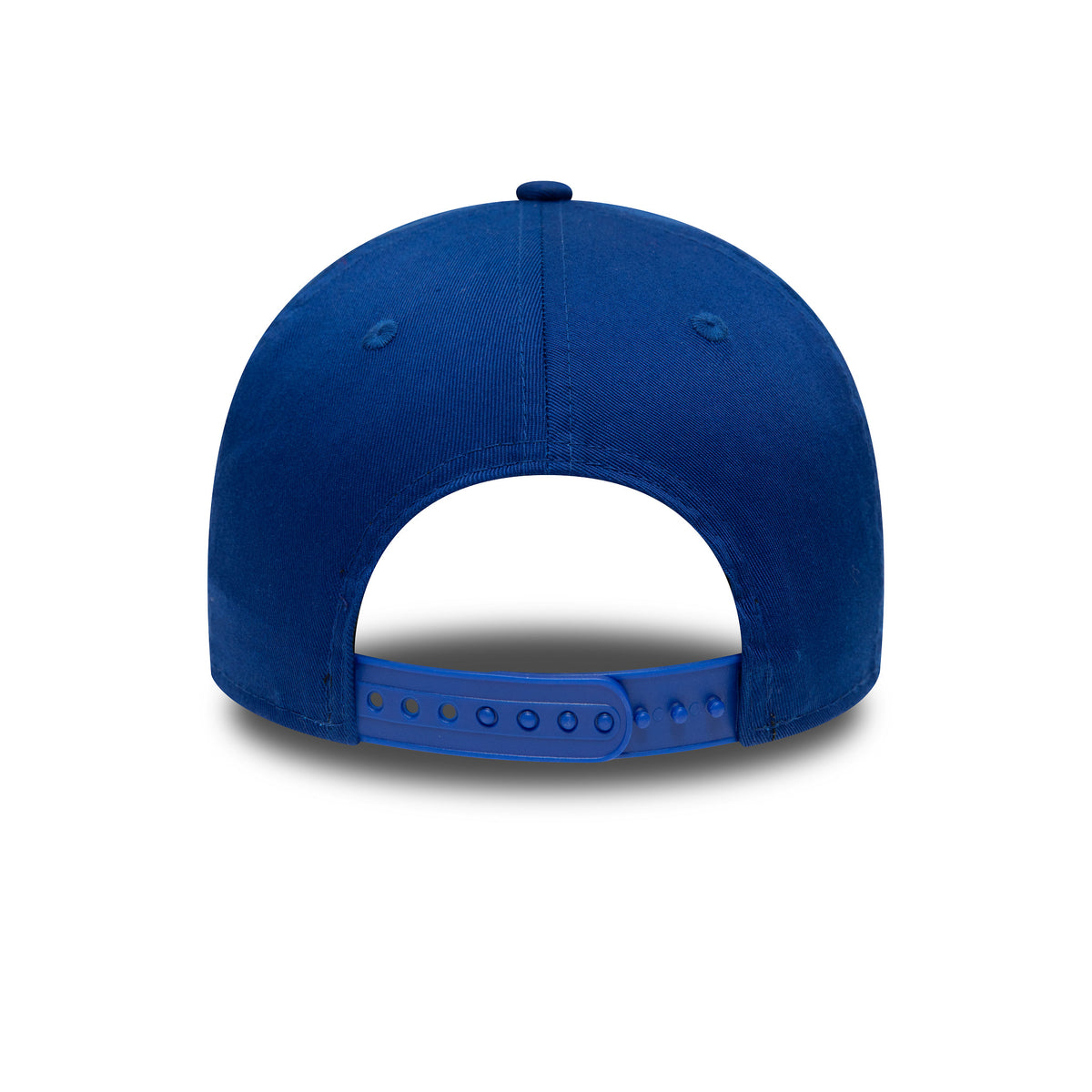 Chelsea FC Blue New Era 9FORTY Adjustable Cap, rear view showing a blue adjustable strap, the structured crown, and embroidered eyelets, with a centred top button above the back opening.