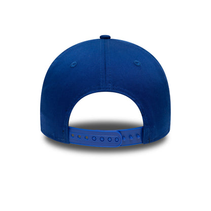 Chelsea FC Blue New Era 9FORTY Adjustable Cap, rear view showing a blue adjustable strap, the structured crown, and embroidered eyelets, with a centred top button above the back opening.