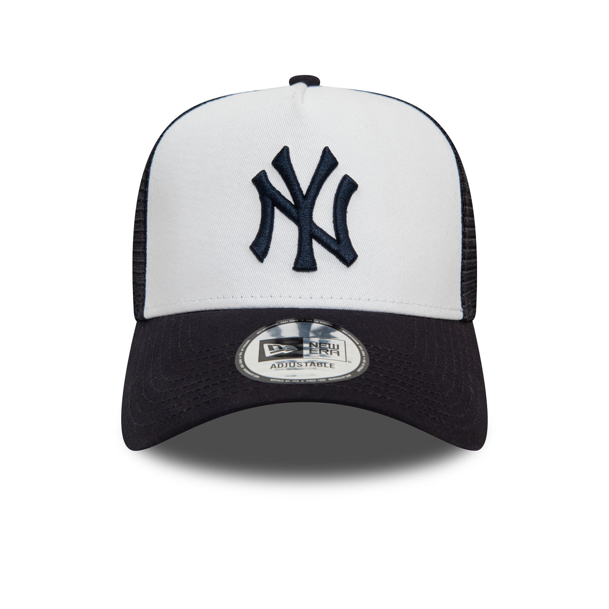 New York Yankees Team Colour White A-Frame Trucker Cap, front view showing the raised navy NY logo embroidered on a white front panel, black mesh sides, and a black curved visor with a New Era 9FORTY size sticker.
