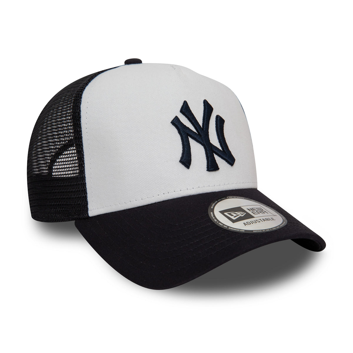 New York Yankees Team Colour White A-Frame Trucker Cap, three-quarter view showing the raised navy NY logo on the white front panel, black mesh side panels, and the 9FORTY size sticker on the black visor.
