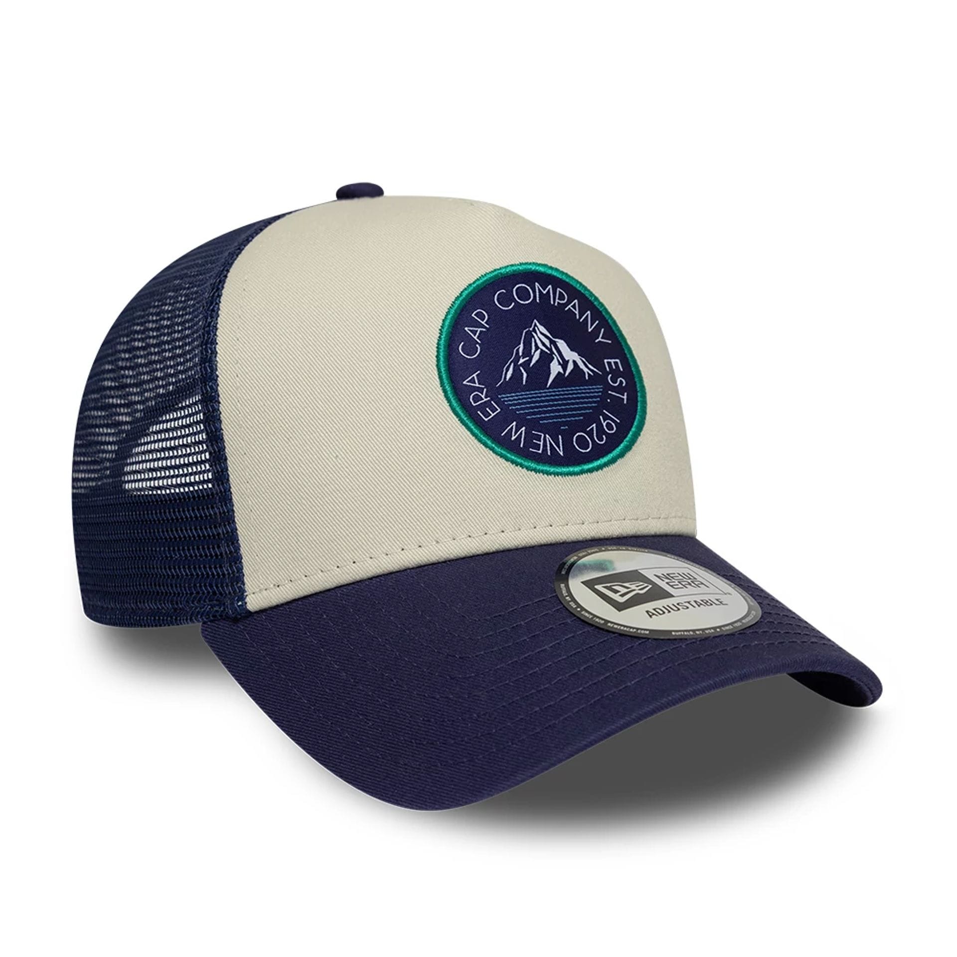Pictured is this New Era Outdoor Washed 9FORTY A-Frame Trucker Adjustable cap in Navy. 3