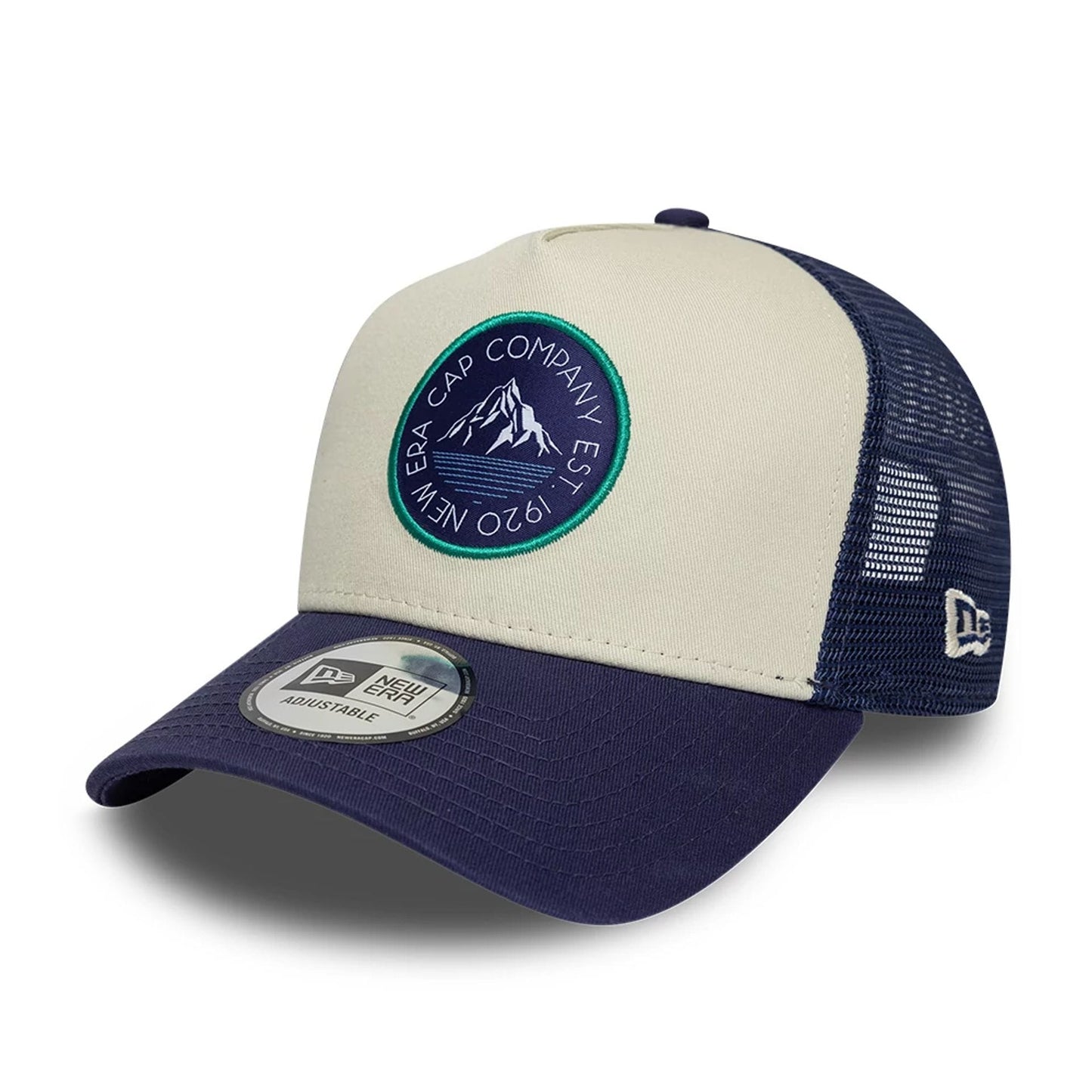 Pictured is this New Era Outdoor Washed 9FORTY A-Frame Trucker Adjustable cap in Navy. 1