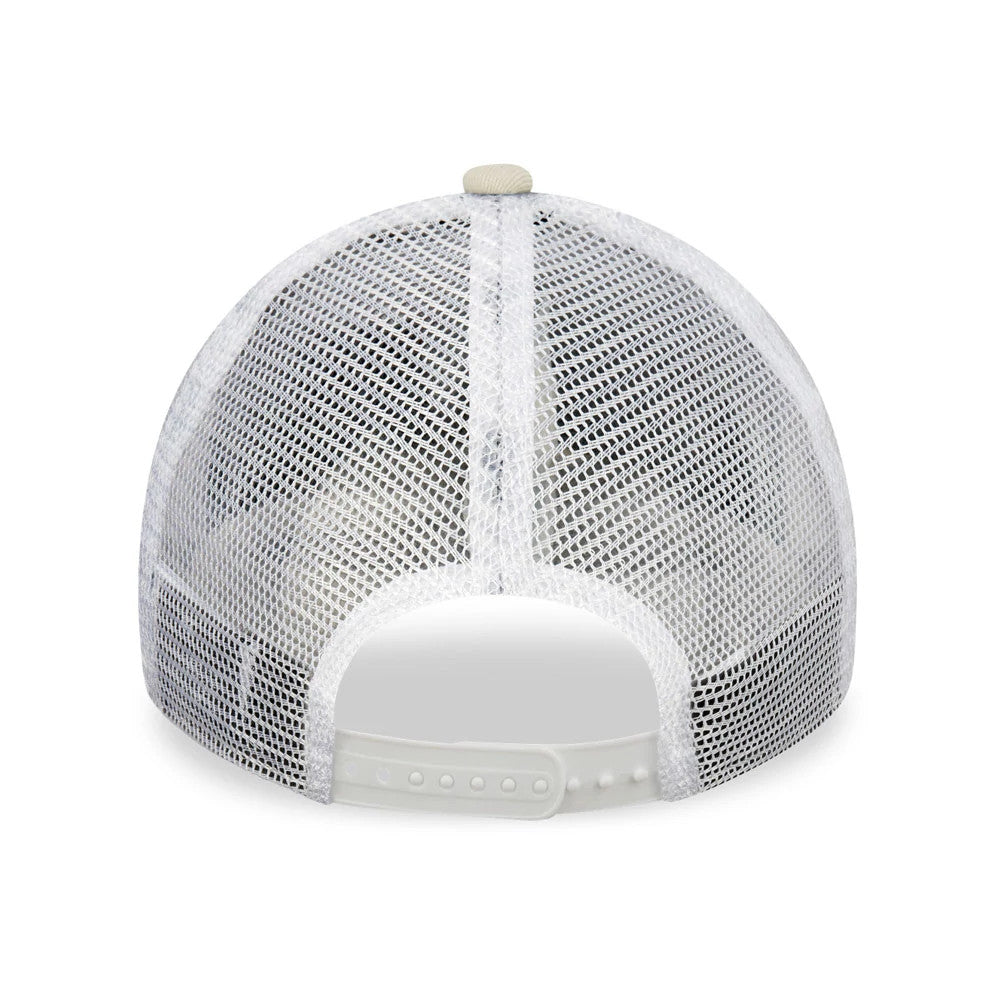 New Era New York Yankees Stone A-Frame Trucker Cap, rear view showing white mesh back panels, a stone-coloured top button, and an adjustable plastic snap closure at the base of the crown.
