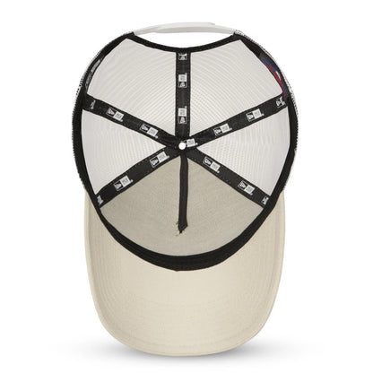 New York Yankees Stone A-Frame Trucker Cap, inside view showing the black taping with New Era logos, a white sweatband, and a beige undervisor, with the structured crown featuring a top button.
