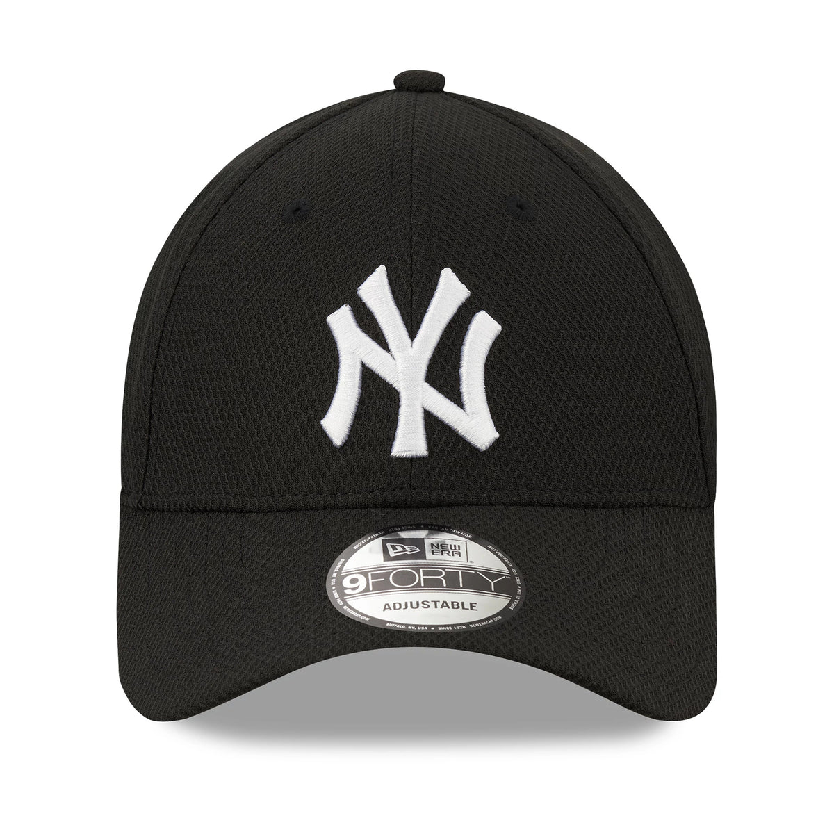 New York Yankees Black New Era 9FORTY Cap, front view showing raised white embroidered NY logo on the front panel, with the curved visor featuring a 9FORTY size sticker and central top button.