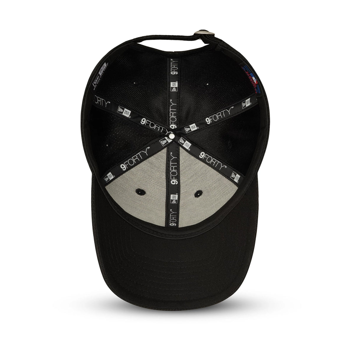 New York Yankees Black New Era 9FORTY Cap, inside view showing branded black taping with white 9FORTY text, grey undervisor and black sweatband, with embroidered eyelets on the structured black crown.
