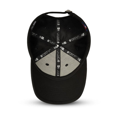 New York Yankees Black New Era 9FORTY Cap, inside view showing branded black taping with white 9FORTY text, grey undervisor and black sweatband, with embroidered eyelets on the structured black crown.