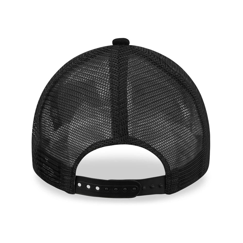 LA Lakers Tonal Black A-Frame Trucker Cap, rear view showing the black mesh back panels and adjustable snap closure on the low-profile crown, creating a breathable and customised fit for sporting events.