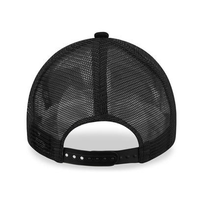 LA Lakers Tonal Black A-Frame Trucker Cap, rear view showing the black mesh back panels and adjustable snap closure on the low-profile crown, creating a breathable and customised fit for sporting events.