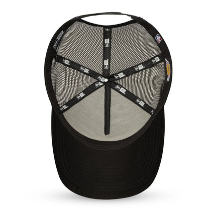 LA Lakers Tonal Black A-Frame Trucker Cap, inside view showing the black taping with New Era logos, a black sweatband, and a mesh crown for breathability, with the top button visible from the underside.