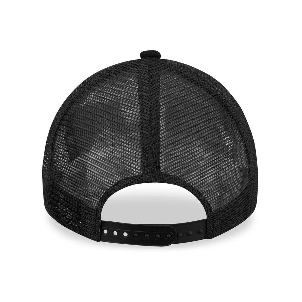 New Era LA Dodgers Tonal Black A-Frame Trucker Cap, rear view highlighting the curved back opening with an adjustable black plastic snap closure, set on a breathable black mesh crown.