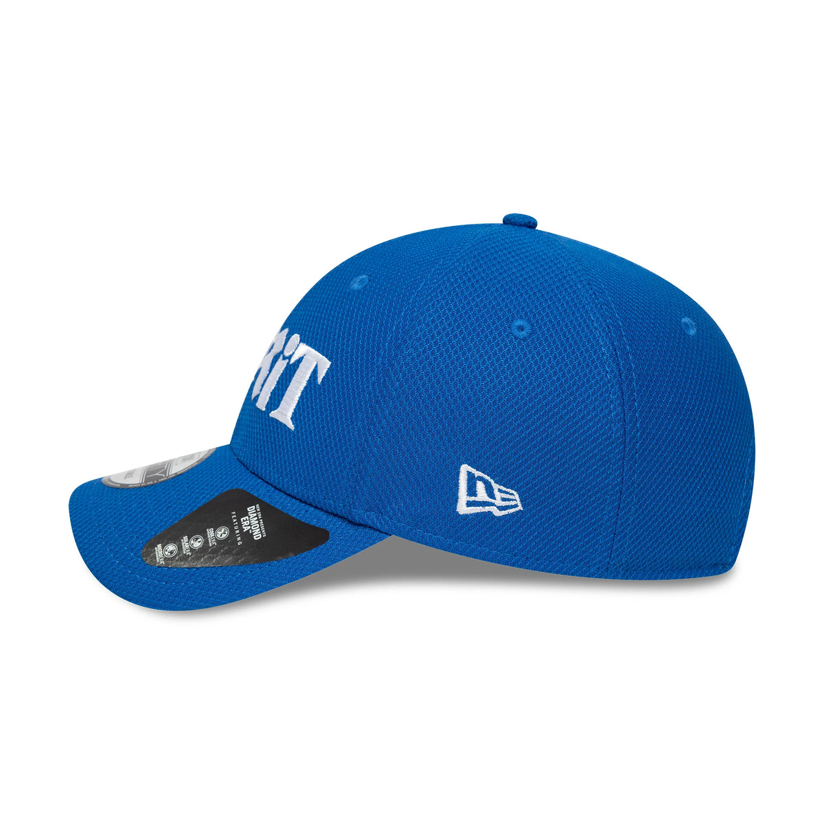 London Spirit The Hundred 2025 Diamond Era Blue New Era 9FORTY Cap, side view showing the white embroidered New Era flag logo on the left side of the blue structured crown and the curved visor with a 9FORTY size sticker.