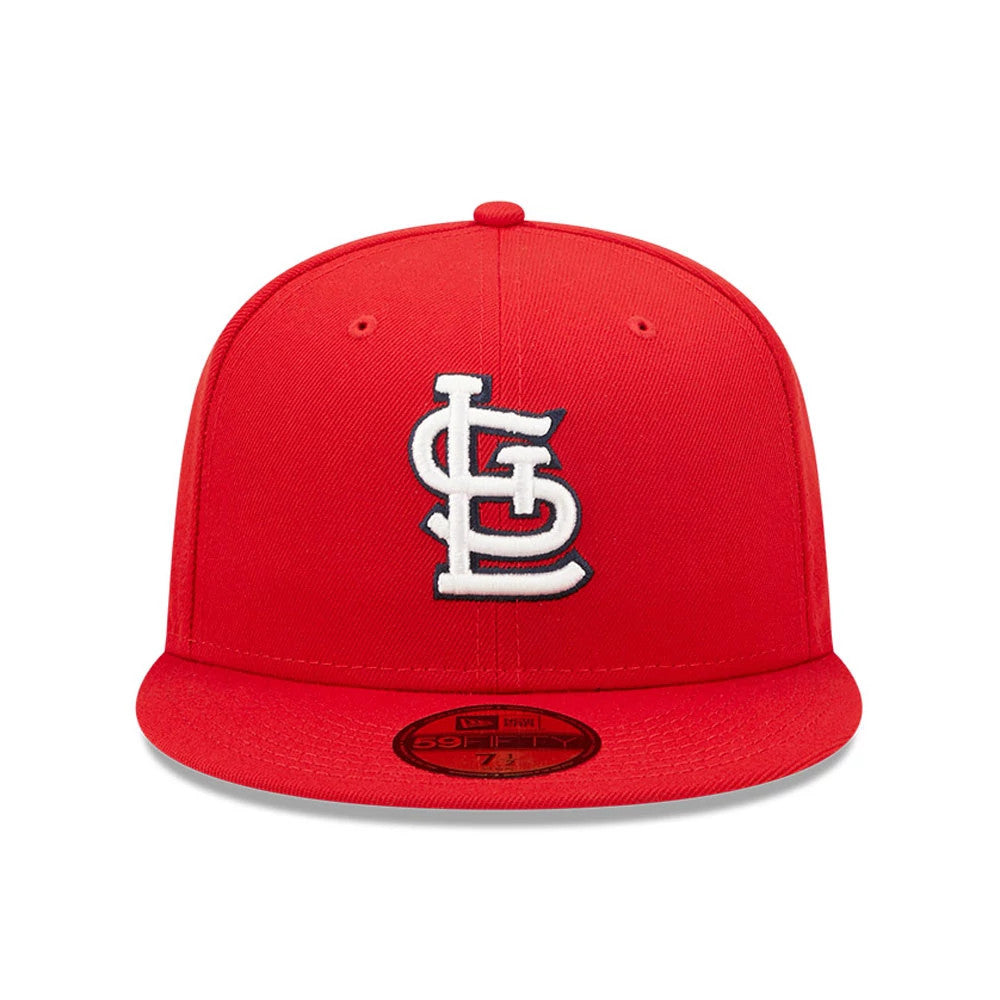 St. Louis Cardinals Authentic On Field Game Red New Era 59FIFTY Cap, front view with the white and navy embroidered STL logo on the front panel, red structured crown, and 59FIFTY size sticker on the red flat visor.