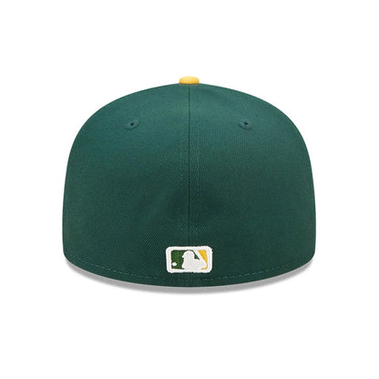 MLB Athletics Authentic On Field Dark Green New Era 59FIFTY Fitted Cap, rear view showing the MLB Batterman logo in white, green, and yellow at the centre back of the structured crown with a yellow top button.