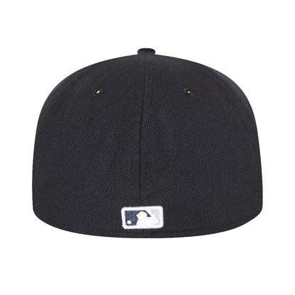New York Yankees Authentic On Field Game Navy New Era 59FIFTY Cap, rear view showing the white embroidered MLB Batterman logo at the centre of the back panels, set low on the structured navy crown.