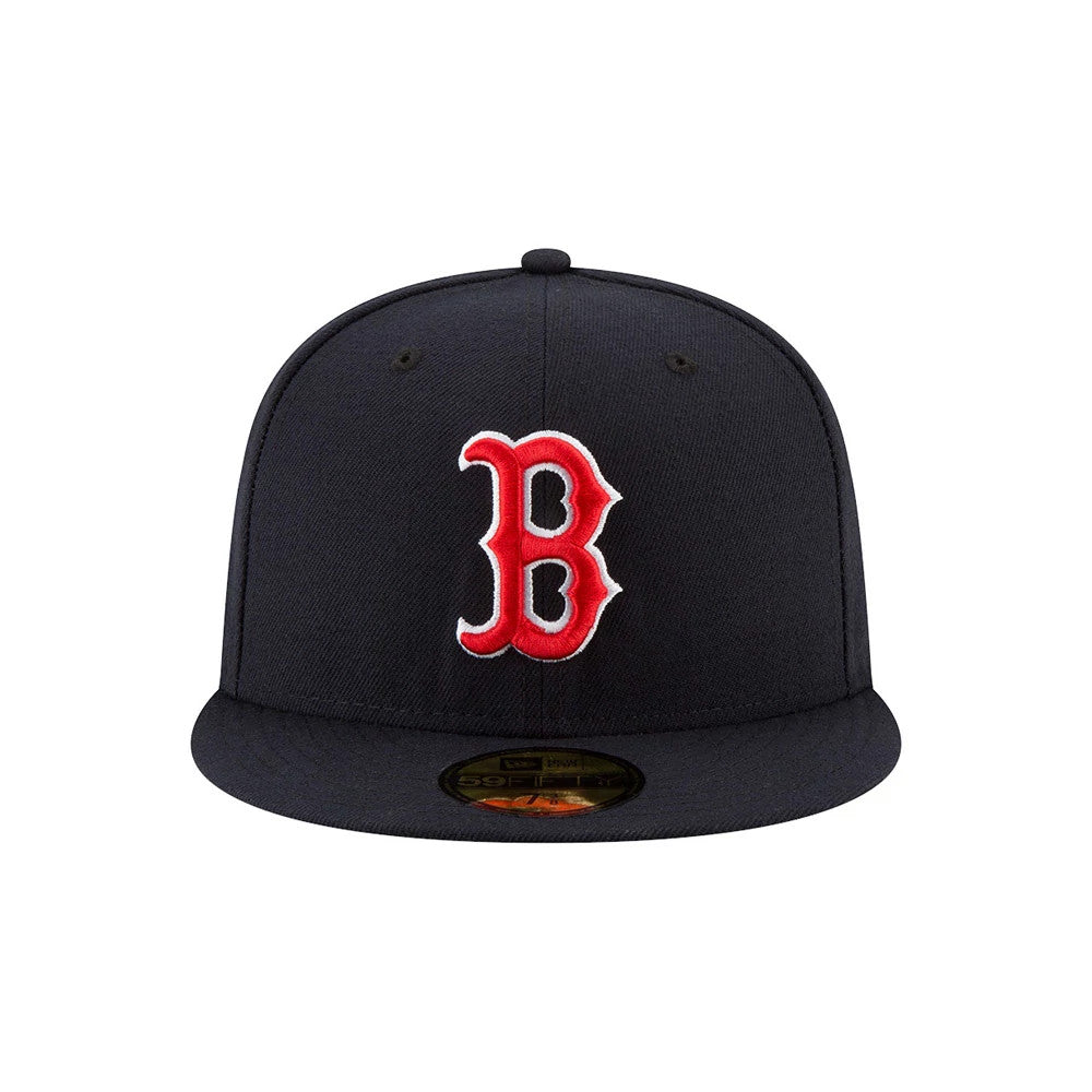 Boston Red Sox Authentic On Field Game Navy New Era 59FIFTY Cap, front view showing the raised red B logo embroidered on the front panel, with a navy visor and a gold 59FIFTY size sticker on the top.