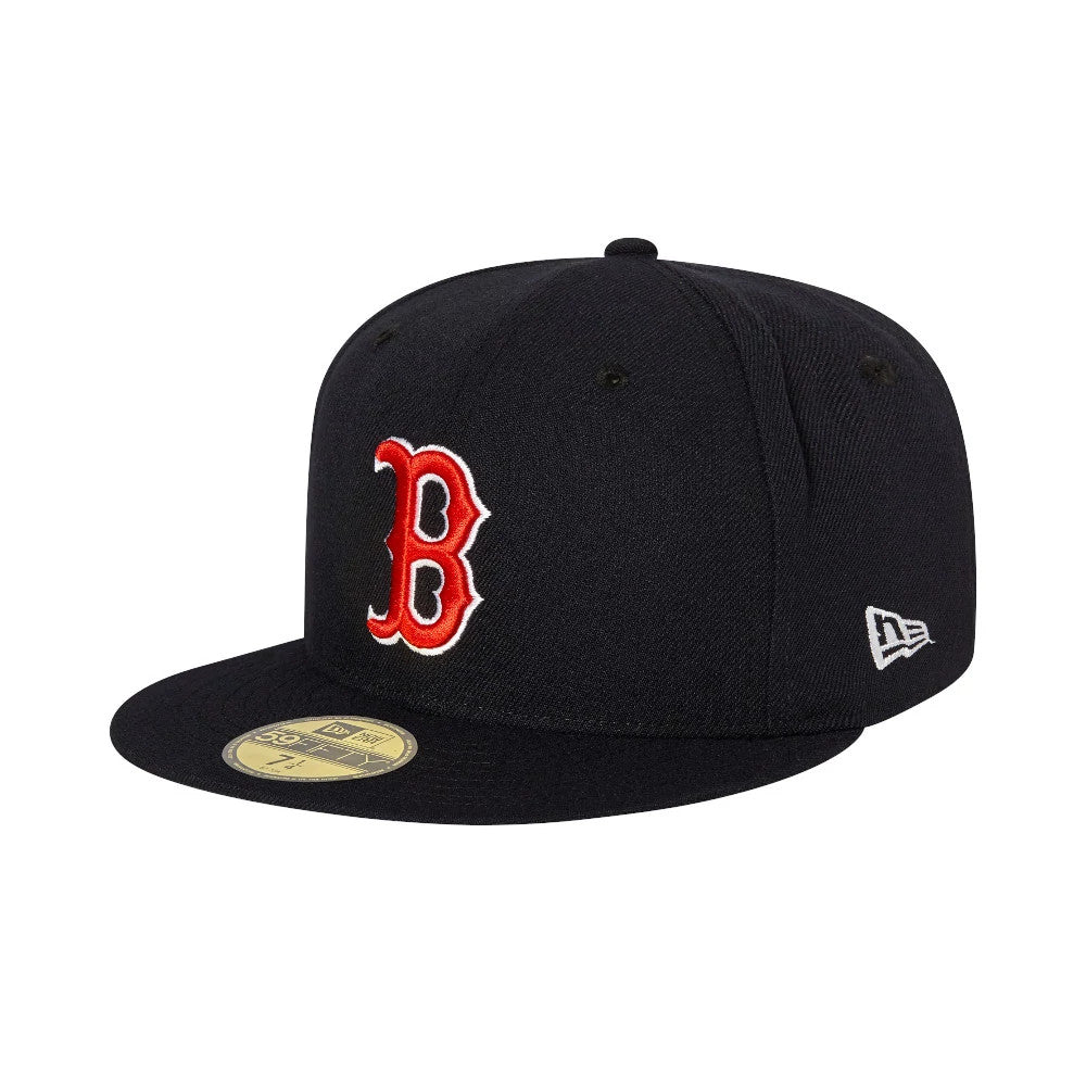 Boston Red Sox Authentic On Field Game Navy New Era 59FIFTY Cap, three-quarter view showing the raised red B logo on the front panel, a gold 59FIFTY size sticker on the flat navy visor, and New Era flag logo on left side.