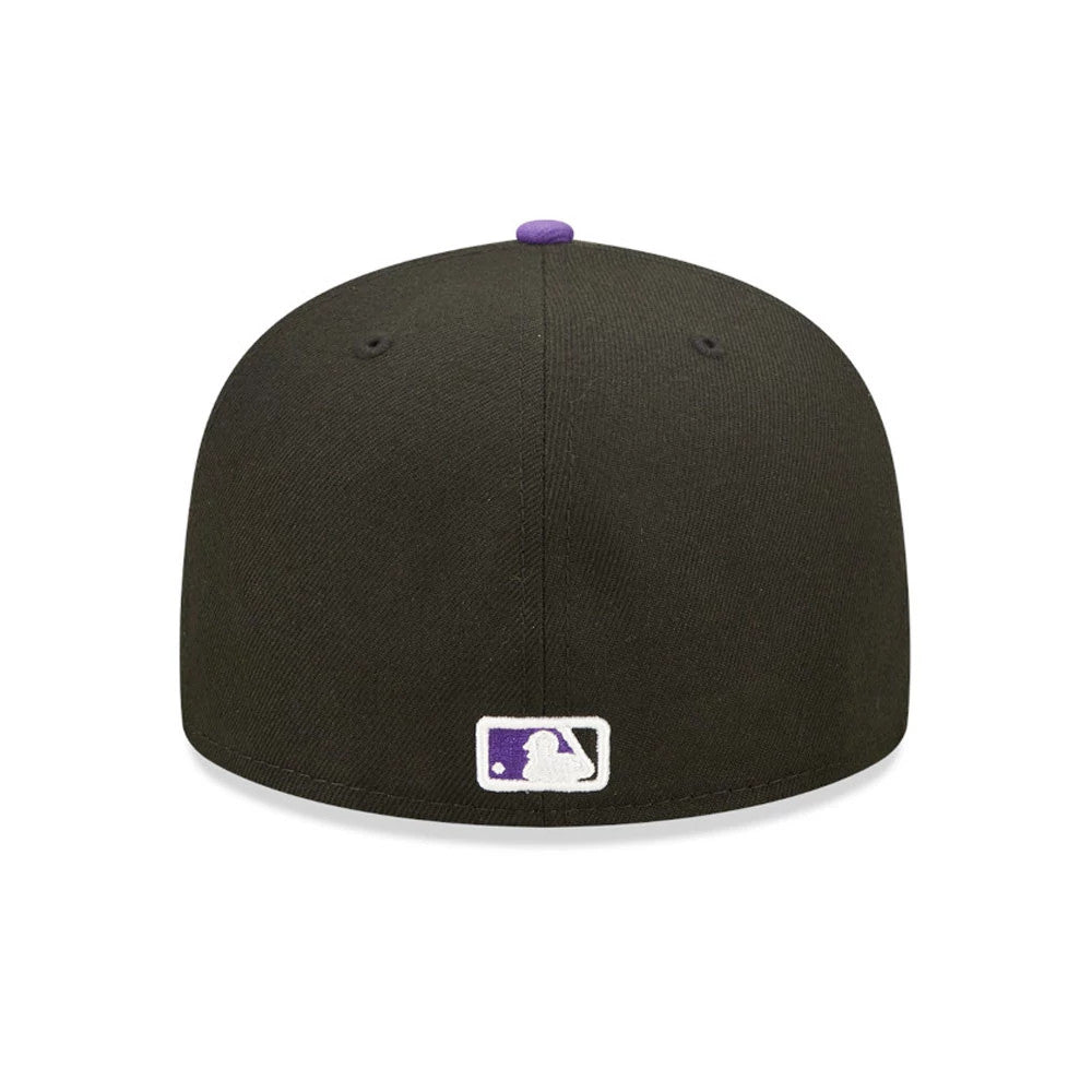 Colorado Rockies Authentic On Field Black New Era 59FIFTY Cap, rear view showing the white and purple MLB Batterman logo centred on the back panels and a purple top button on the black structured crown.