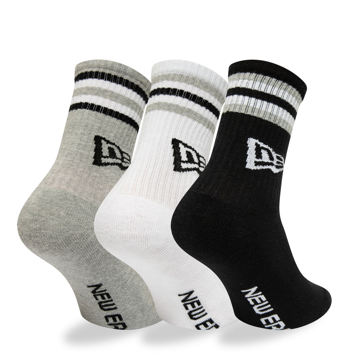 New Era Retro Stripe 3 Pack Crew Black, Grey and White Socks, side view showing three ribbed crew socks in black, grey, and white, each with two stripes and a debossed New Era logo on the side, and branding at the toe.