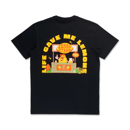 The Male model is wearing New Era Fruit Lemon Stand Black T-Shirt 2