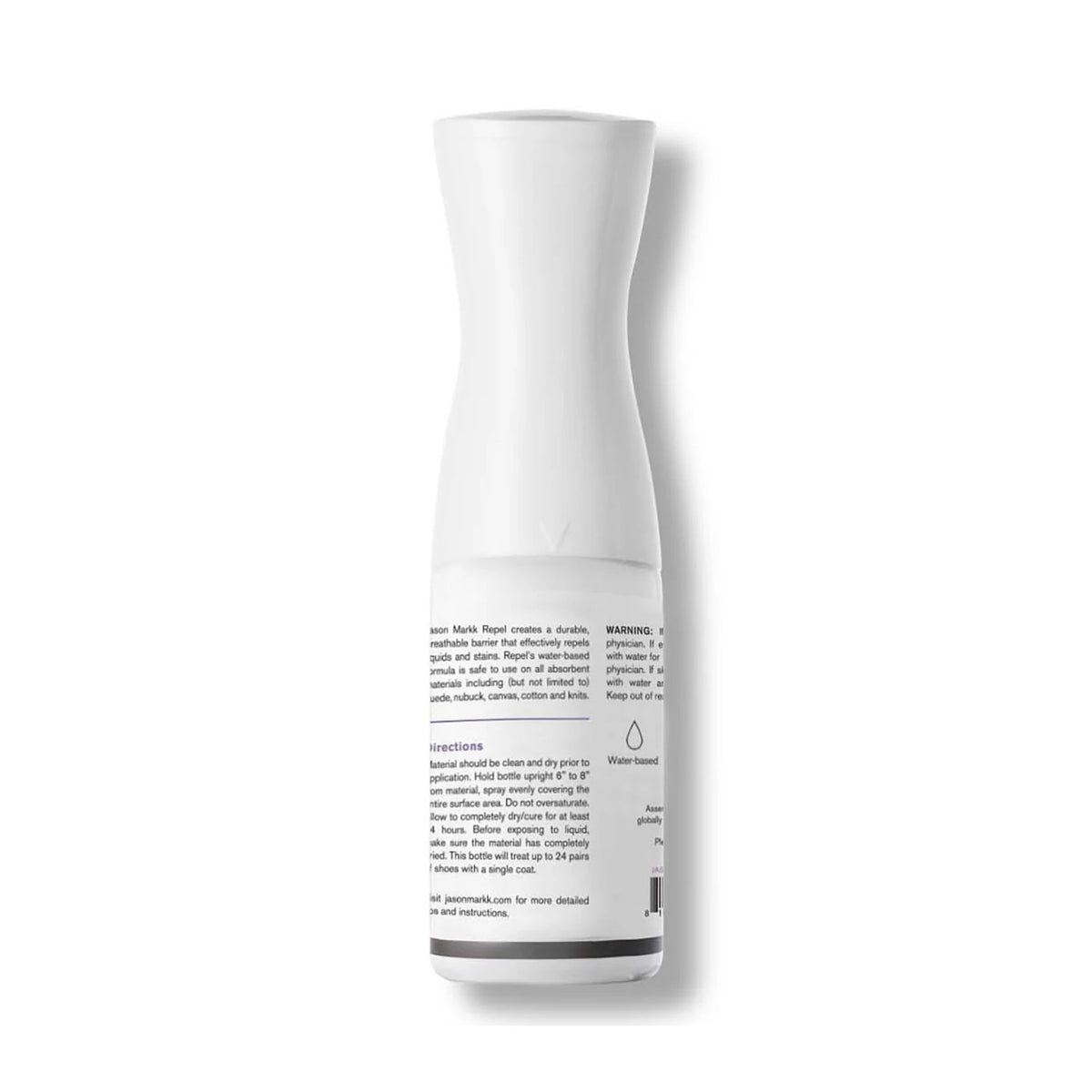 Jason Markk® Repel Spray, rear view showing detailed instructions and safety information in black text on the white bottle, with the brand label near the bottom and a sleek curved design.