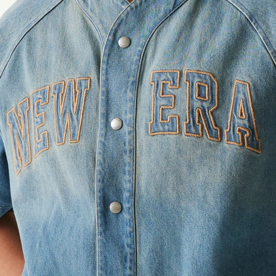 The Male model is wearing New Era Retro Baseball Blue Short Sleeve Shirt 5