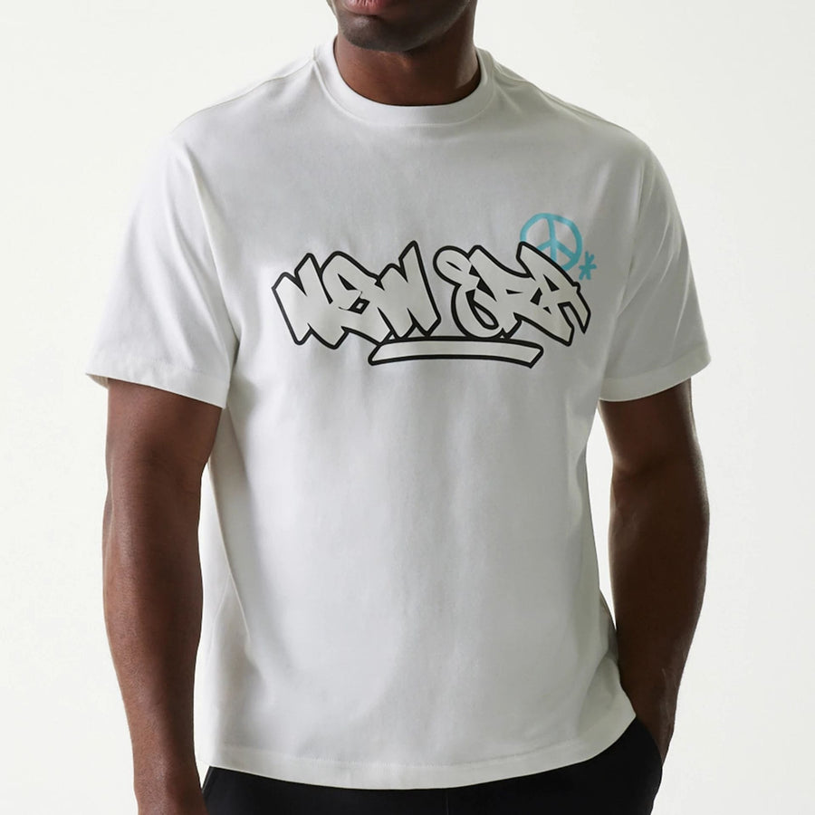The Male model is wearing New Era Peace Symbol White T-Shirt 5