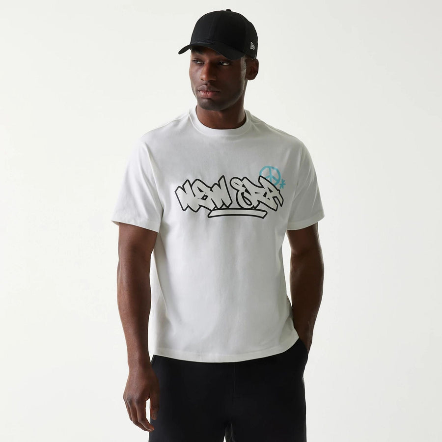 The Male model is wearing New Era Peace Symbol White T-Shirt 1