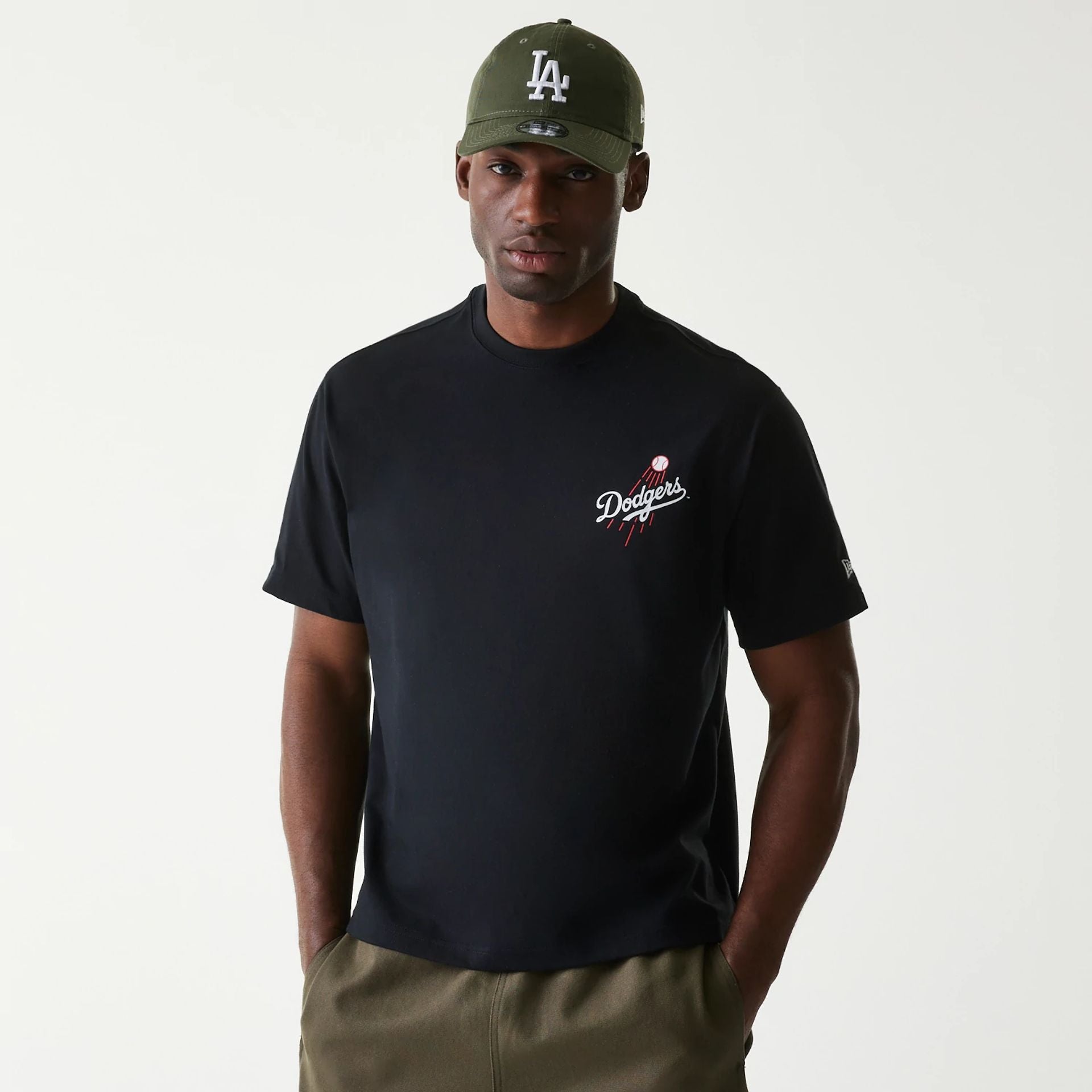 The Male model is wearing LA Dodgers MLB Cheering Food Black T-Shirt 1