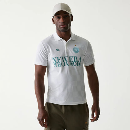 The Male model is wearing New Era Japan Grid White Polo T-Shirt 1