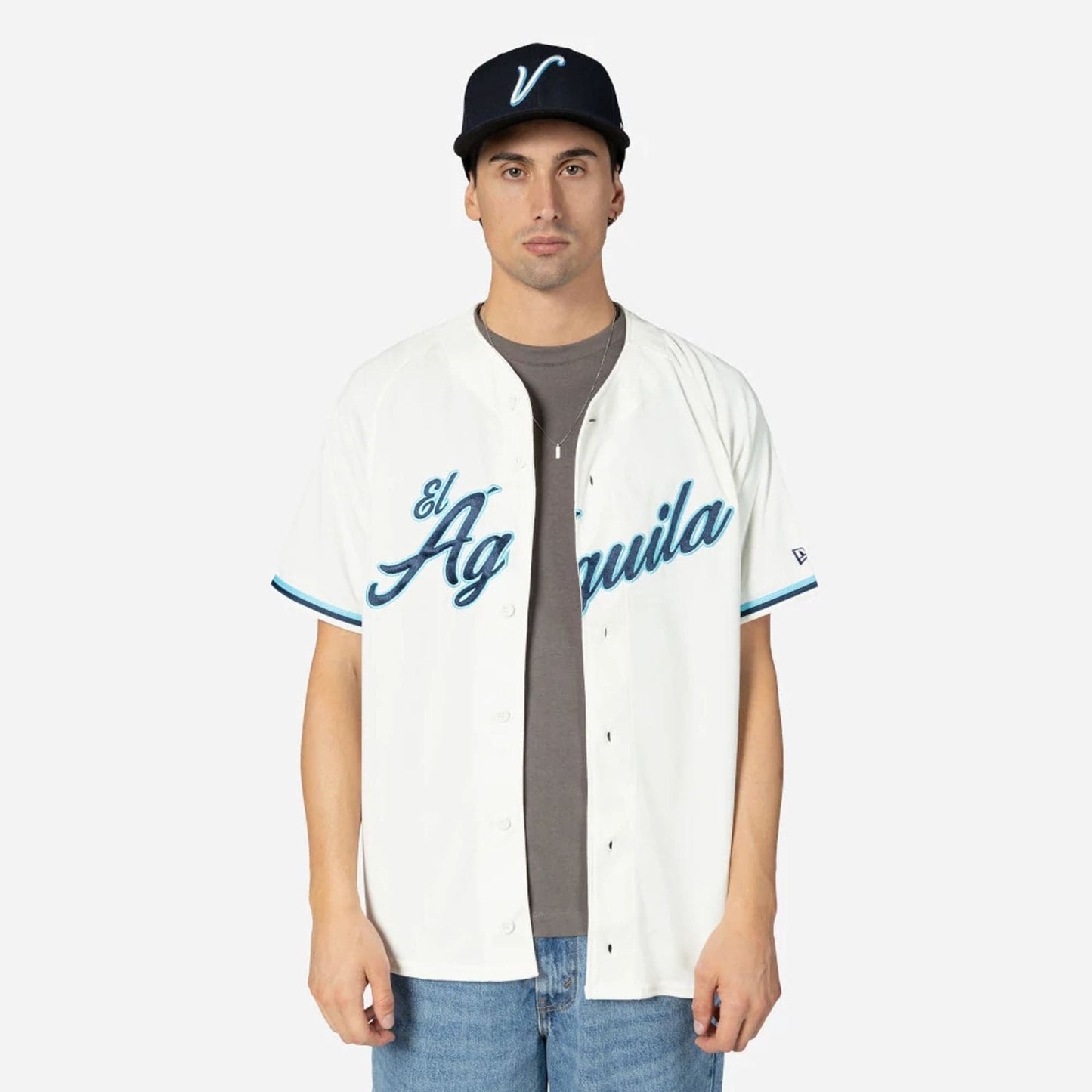 The Male model is wearing Veracruz Aguilas Mexico LMB On Field Cream On-Field Jersey 1