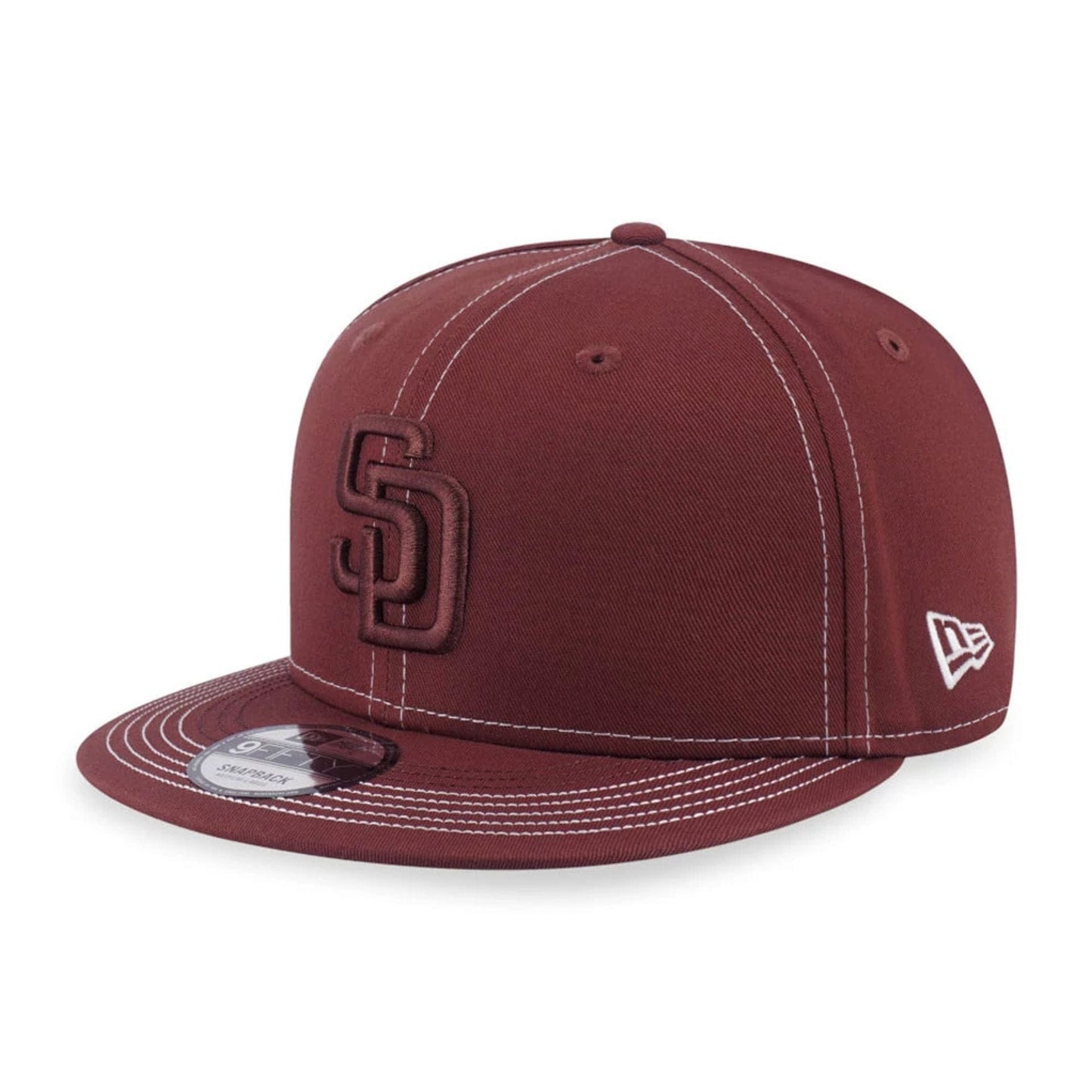 Pictured is this MLB Contrast Stitching San Diego Padres 9FIFTY Snapback cap in brown. 1