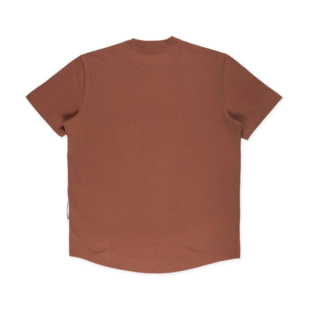 New Era Mountain Logo Open Brown T-Shirt, rear view displaying the plain brown fabric with short sleeves and a ribbed neckline, no visible logos or designs, showing the back of the garment.