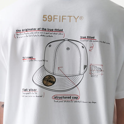 59FIFTY Fitted Cap Description Graphic White T-Shirt, back view showing a detailed graphic of a cap with labels explaining each feature, printed text descriptions and a debossed New Era logo box on the right side of the illustration.